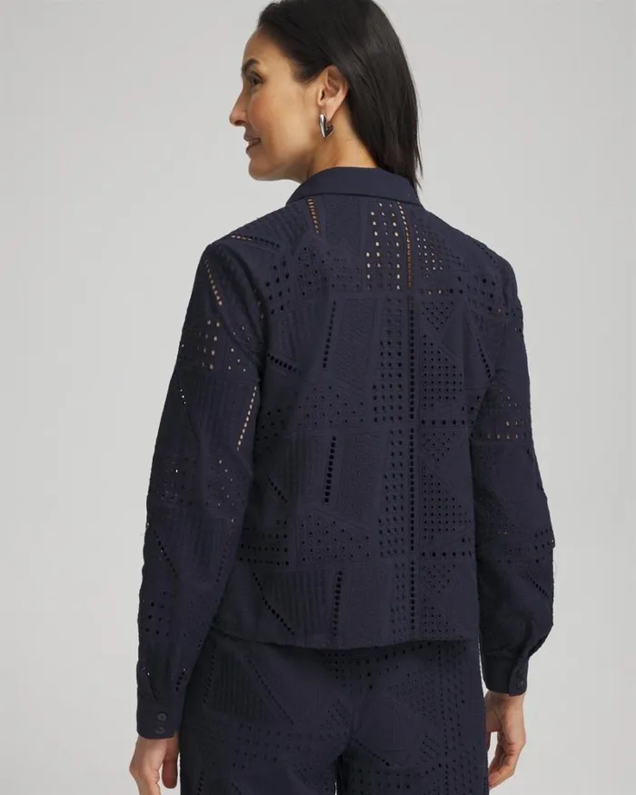 Chico039s Tops Mixed Eyelet Cotton Shirt Classic Navy 8211 Clothing