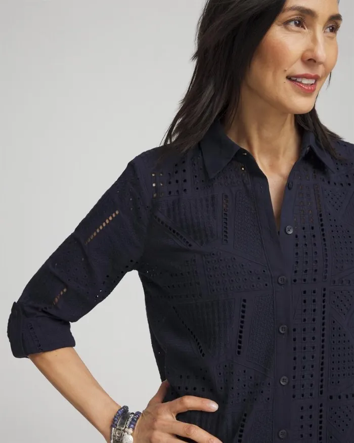 Chico039s Tops Mixed Eyelet Cotton Shirt Classic Navy 8211 Clothing