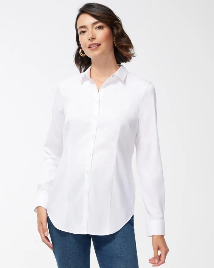 Chico039s Tops NoIron Fitted Stretch Shirt Optic White 8211 Clothing
