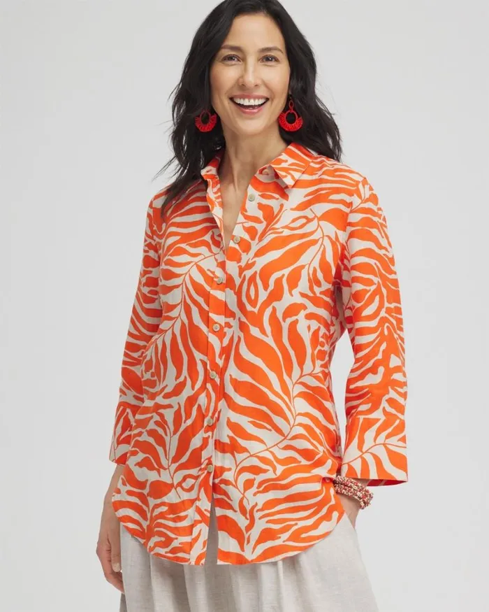 Chico039s Tops No Iron Linen Palms Shirt Blood Orange 8211 Clothing