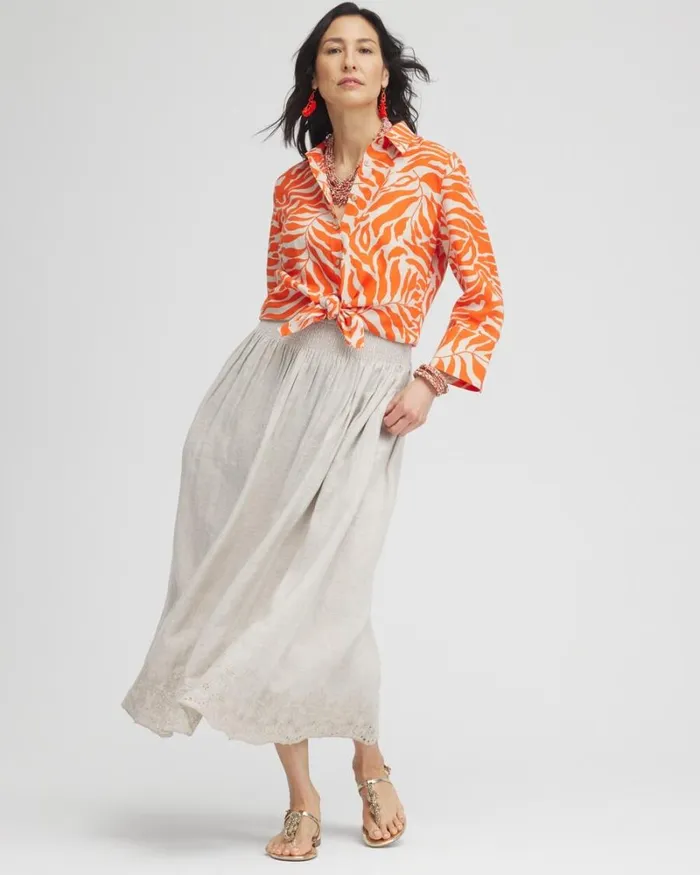 Chico039s Tops No Iron Linen Palms Shirt Blood Orange 8211 Clothing