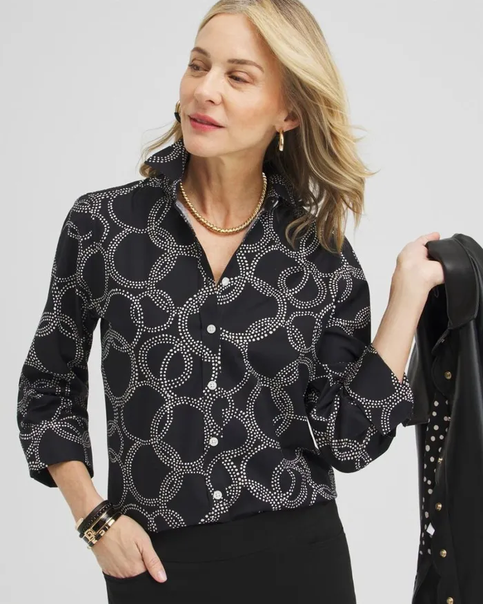 Chico039s Tops No Iron Stretch Circle Print Shirt Black 8211 Clothing