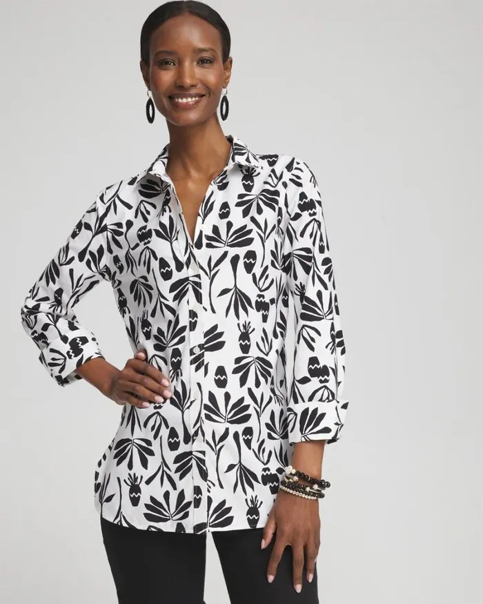 Chico039s Tops No Iron Stretch Pottery Shirt Optic Whiteblack 8211 Clothing