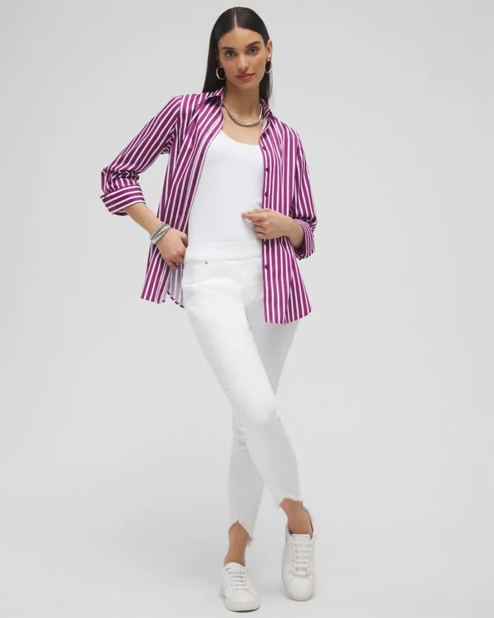 Chico039s Tops No Iron Stretch Stripe Shirt Fresh Plum 8211 Clothing