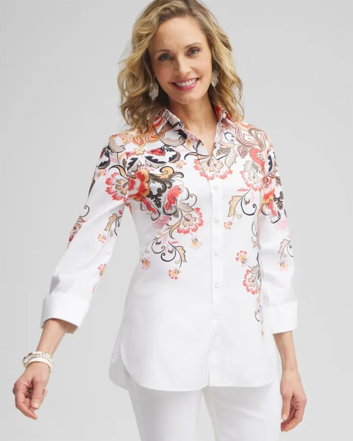 Chico039s Tops No Iron Stretch Warm Floral Shirt Nectarine 8211 Clothing