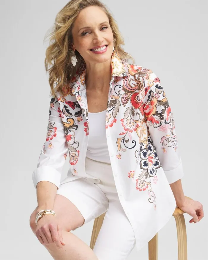 Chico039s Tops No Iron Stretch Warm Floral Shirt Nectarine 8211 Clothing