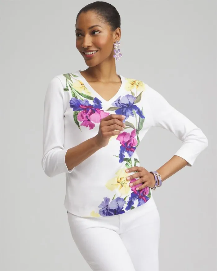 Chico039s Tops Placed Floral Everyday 34 Sleeve Tee Alabaster 8211 Clothing