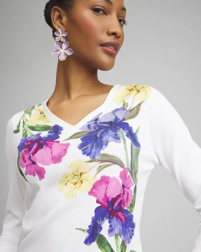 Chico039s Tops Placed Floral Everyday 34 Sleeve Tee Alabaster 8211 Clothing