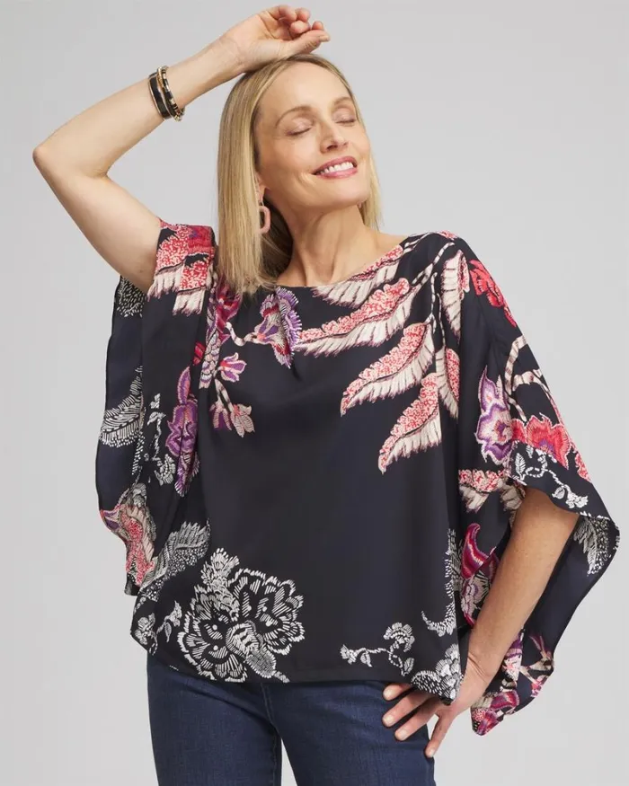 Chico039s Tops Ruffle Detail Floral Poncho Classic Navy 8211 Clothing