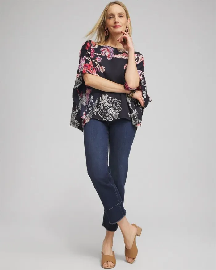 Chico039s Tops Ruffle Detail Floral Poncho Classic Navy 8211 Clothing