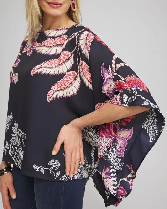 Chico039s Tops Ruffle Detail Floral Poncho Classic Navy 8211 Clothing