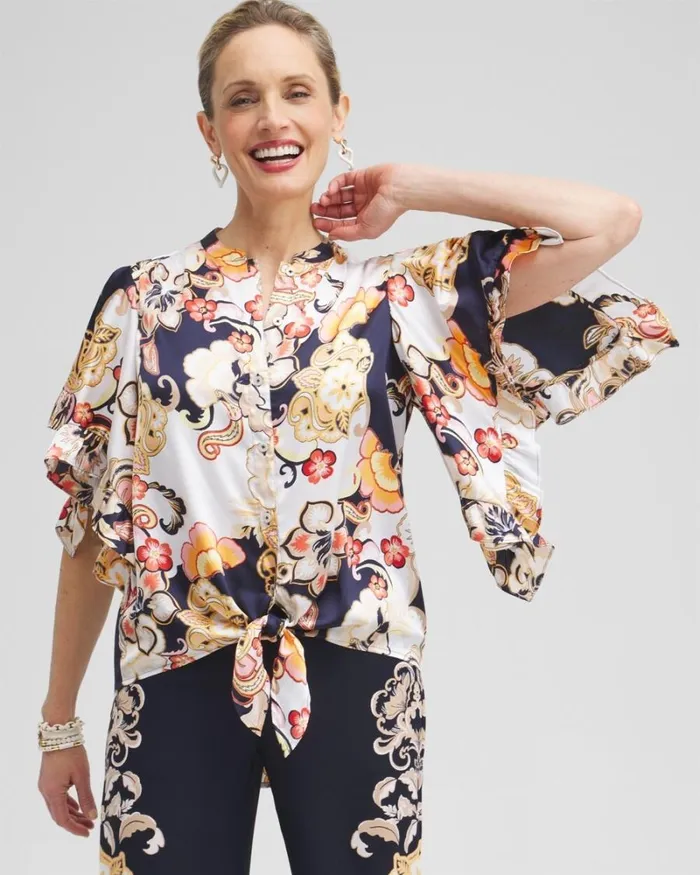 Chico039s Tops Satin Ruffle Sleeve Tie Front Shirt Classic Navy 8211 Clothing Chico039s Tops Satin Ruffle Sleeve Tie Front Shirt Classic Navy 8211 Clothing