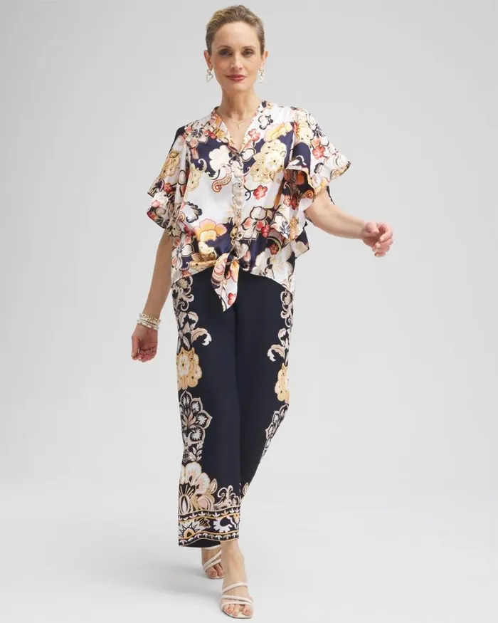 Chico039s Tops Satin Ruffle Sleeve Tie Front Shirt Classic Navy 8211 Clothing Chico039s Tops Satin Ruffle Sleeve Tie Front Shirt Classic Navy 8211 Clothing
