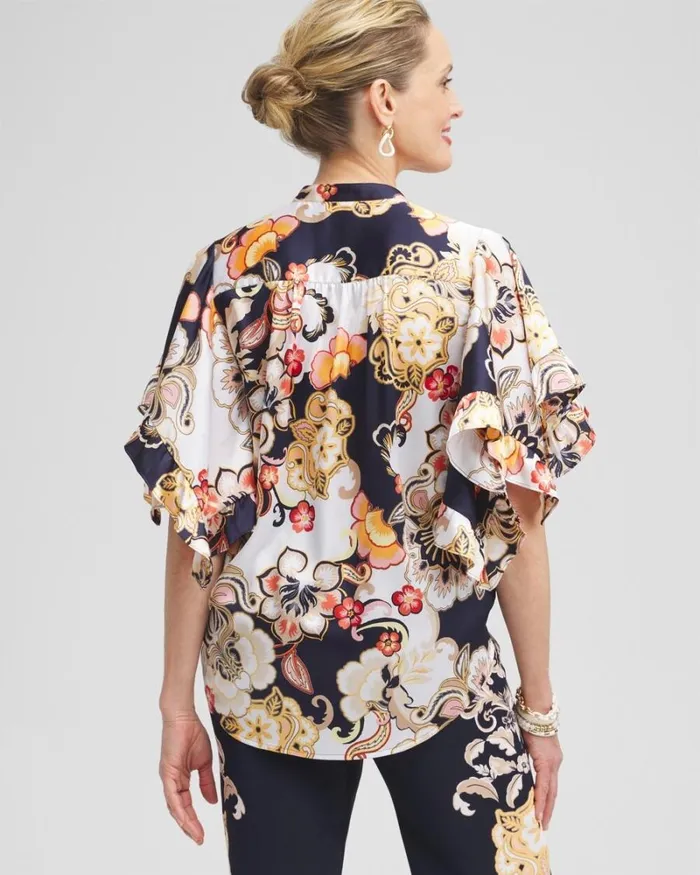 Chico039s Tops Satin Ruffle Sleeve Tie Front Shirt Classic Navy 8211 Clothing Chico039s Tops Satin Ruffle Sleeve Tie Front Shirt Classic Navy 8211 Clothing