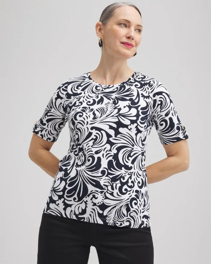 Chico039s Tops Scrolls Elbow Sleeve Cotton Tee Black 8211 Clothing