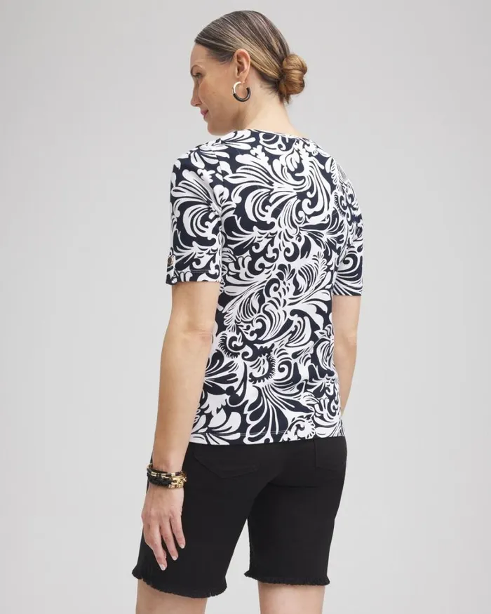 Chico039s Tops Scrolls Elbow Sleeve Cotton Tee Black 8211 Clothing
