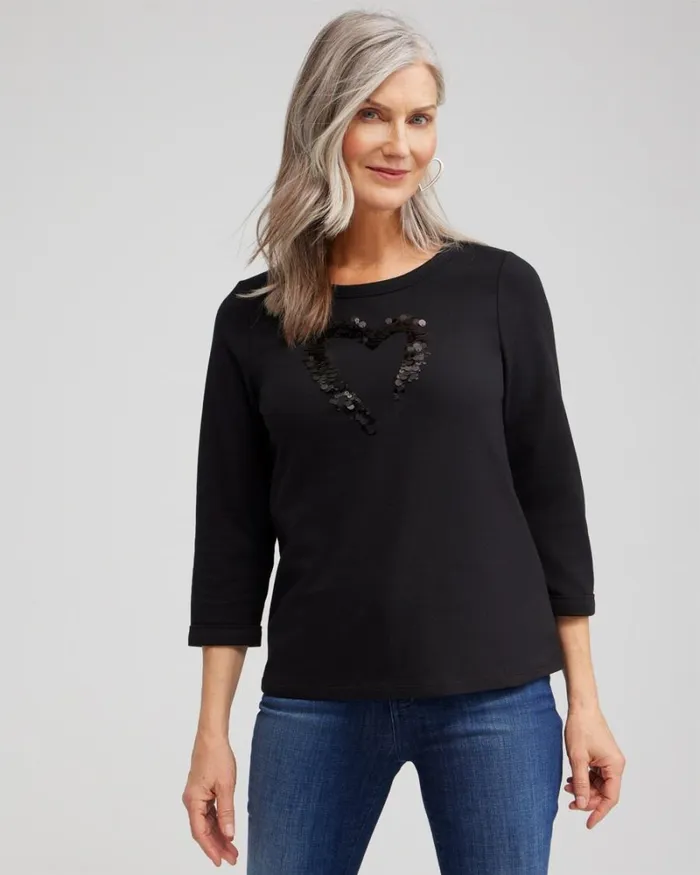 Chico039s Tops Sequins Heart Valentine039s Tee Black 8211 Clothing