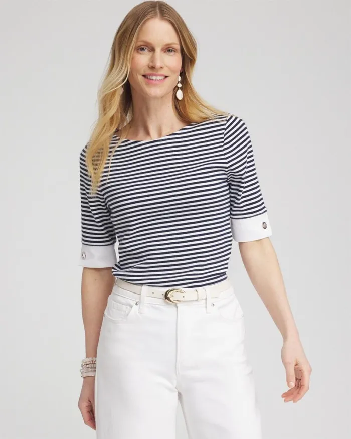 Chico039s Tops Stripe Grommet Detail Tee Classic Navy 8211 Clothing