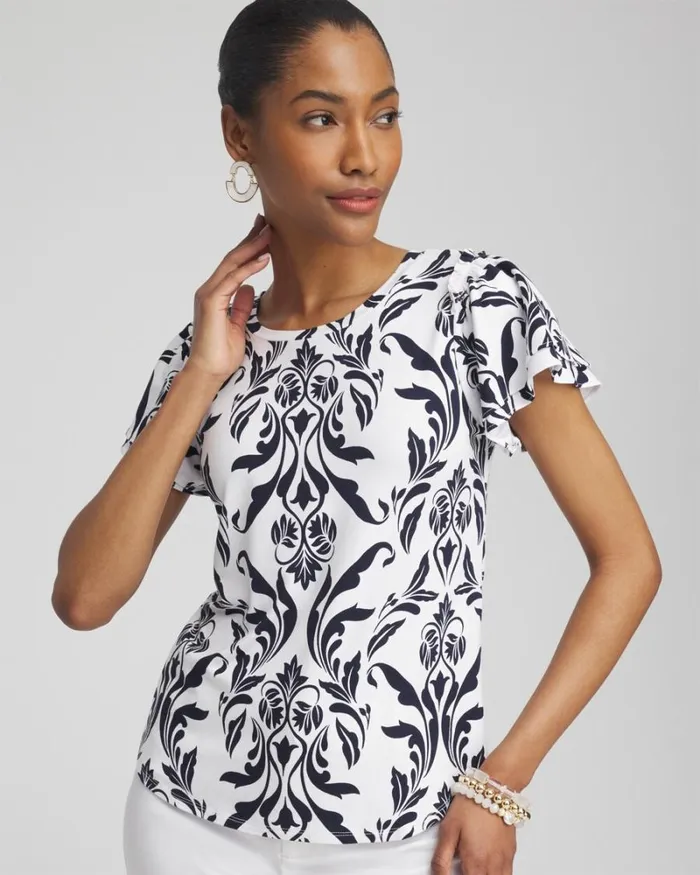 Chico039s Tops Swirl Ruffle Sleeve Tee Classic Navy 8211 Clothing