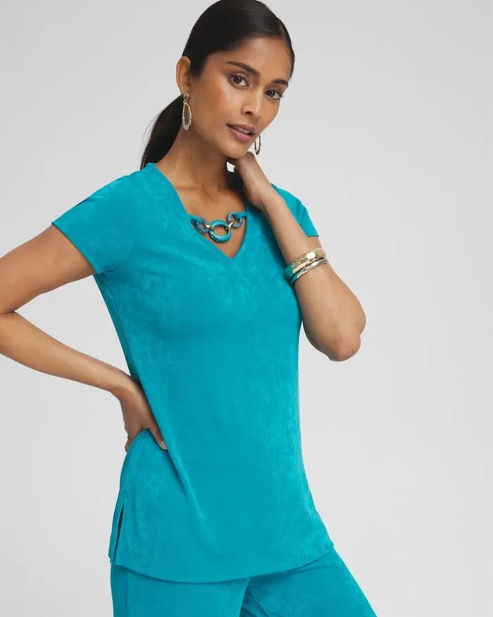 Chico039s Tops Travelers Chain Detail Top Peacock Blue 8211 Clothing