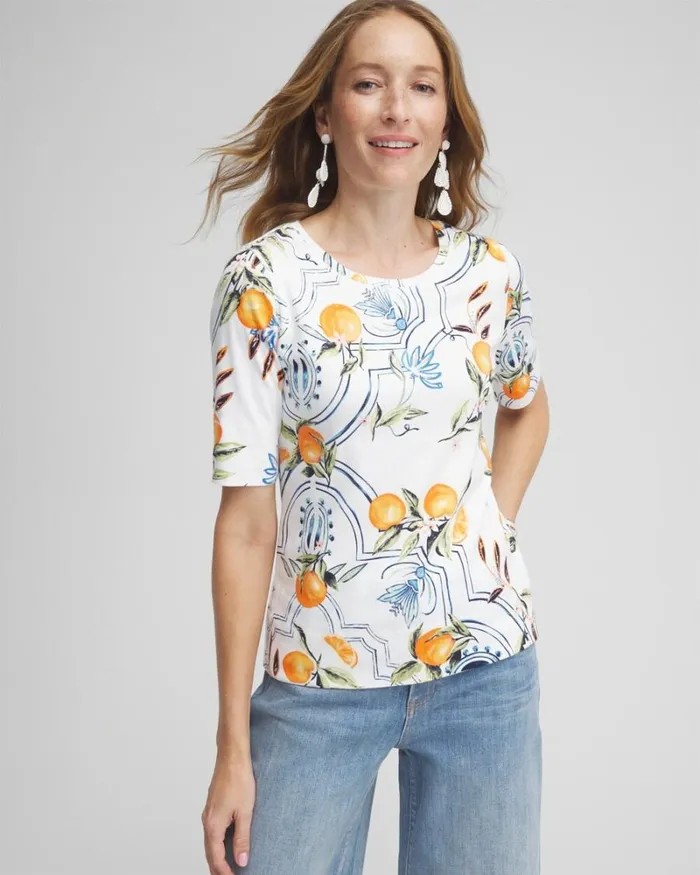 Chico039s Tops Tropical Jewel Neck Tee Alabaster 8211 Clothing