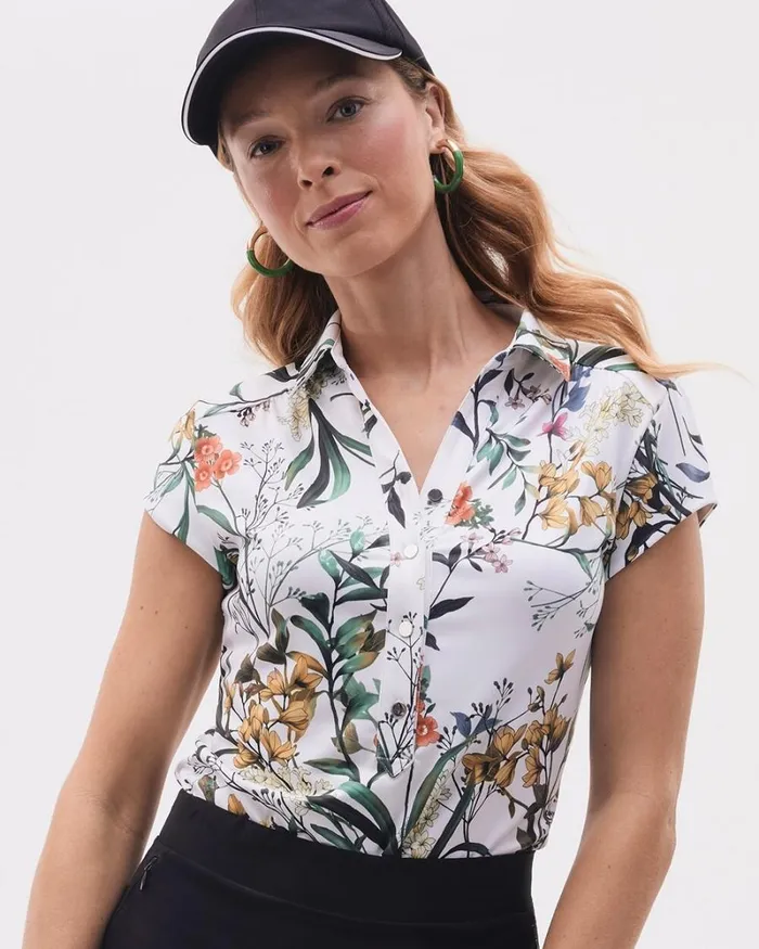 Chico039s Tops Zenergy UPF Floral Cap Sleeve Polo Verdant Green 8211 Clothing