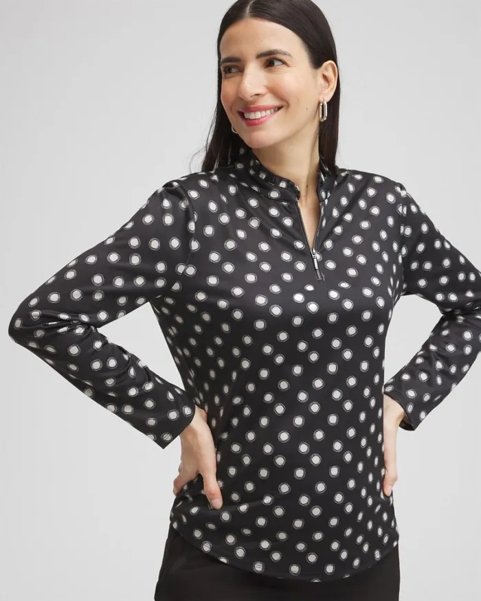 Chico039s Tops Zenergy UPF Polka Dot Ruffle Neck Top Black 8211 Clothing