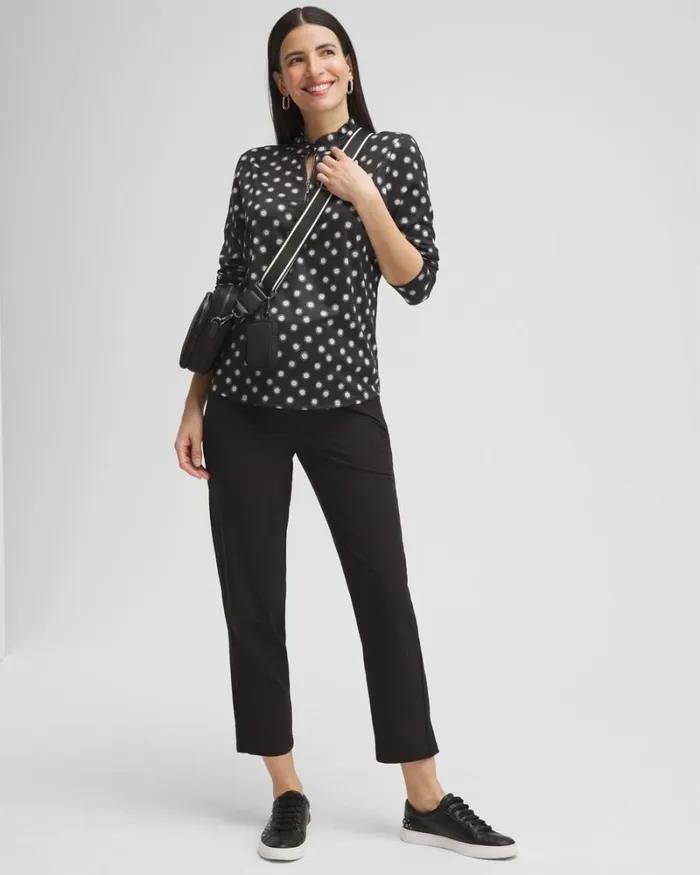 Chico039s Tops Zenergy UPF Polka Dot Ruffle Neck Top Black 8211 Clothing