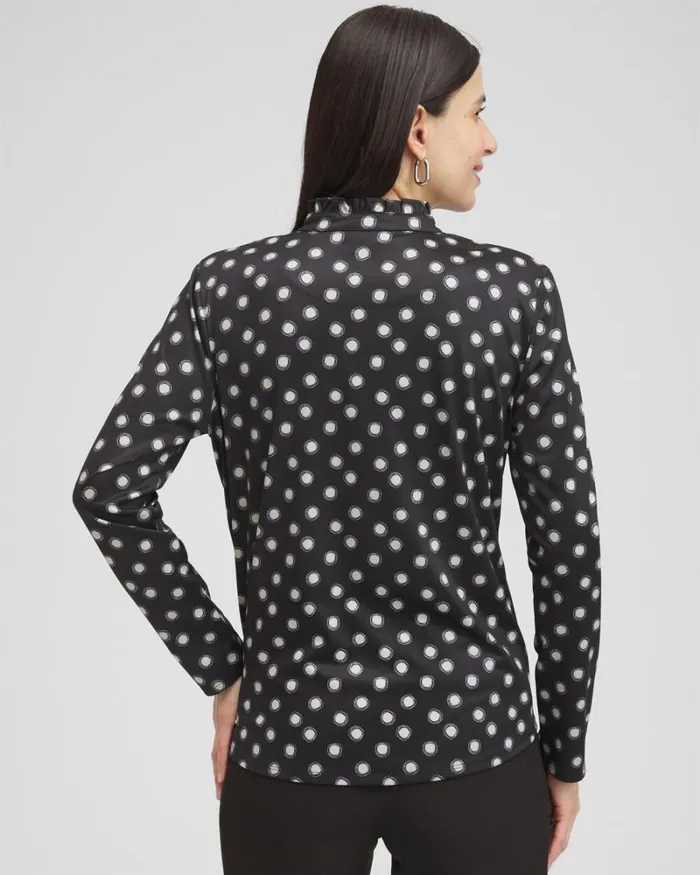 Chico039s Tops Zenergy UPF Polka Dot Ruffle Neck Top Black 8211 Clothing