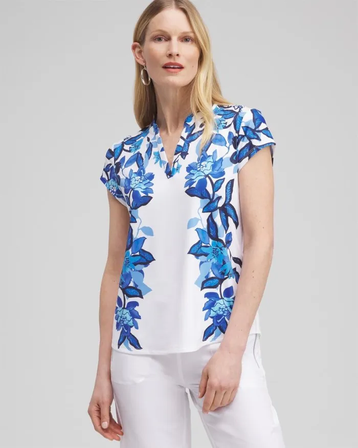 Chico039s Tops Zenergyu00AE UPF Floral Cap Sleeve Polo Intense Azure 8211 Clothing