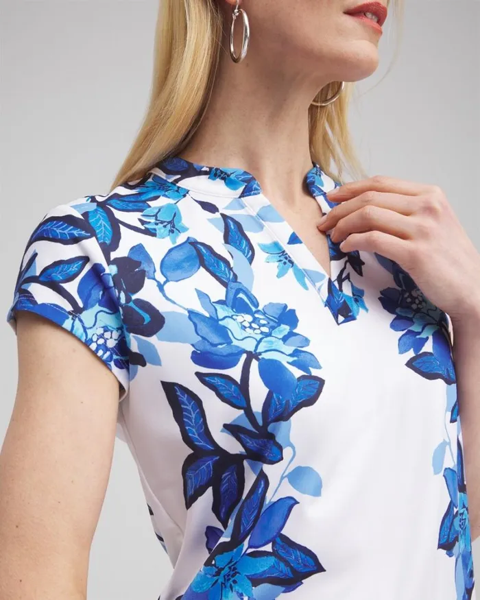 Chico039s Tops Zenergyu00AE UPF Floral Cap Sleeve Polo Intense Azure 8211 Clothing Chico039s Tops Zenergyu00AE UPF Floral Cap Sleeve Polo Intense Azure 8211 Clothing