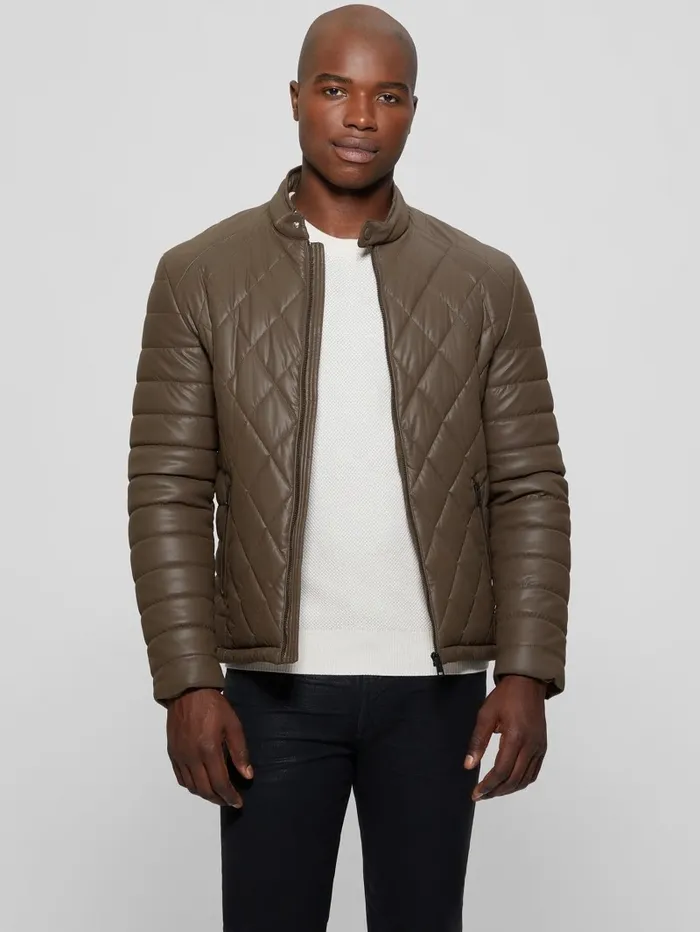 Diamond Quilted FauxLeather Jacket Espresso Brown Men Jackets and Coats GUESS