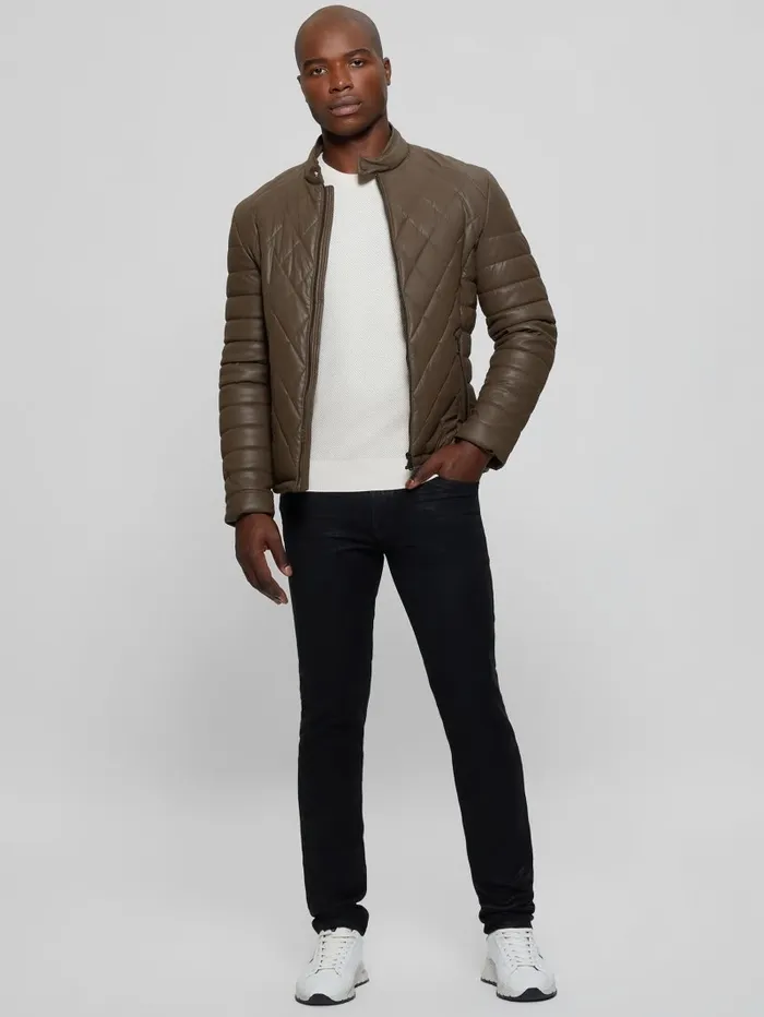 Diamond Quilted FauxLeather Jacket Espresso Brown Men Jackets and Coats GUESS