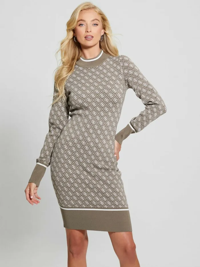 Dresses and Jumpsuits GUESS Women Lise Quattro G Sweater Dress Travertine And Cream Comb