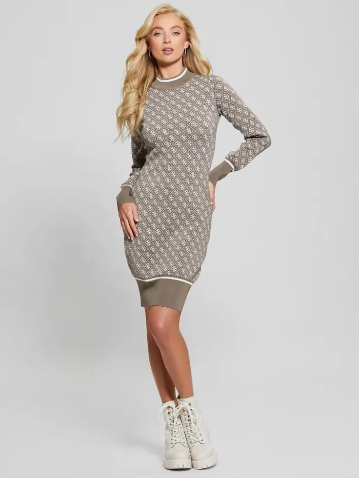 Dresses and Jumpsuits GUESS Women Lise Quattro G Sweater Dress Travertine And Cream Comb