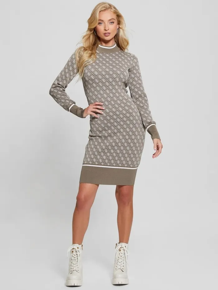 Dresses and Jumpsuits GUESS Women Lise Quattro G Sweater Dress Travertine And Cream Comb