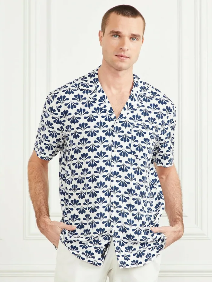 Eco Billy Bowling Shirt Blue Geoflower Print Men Shirts GUESS Eco Billy Bowling Shirt Blue Geoflower Print Men Shirts GUESS