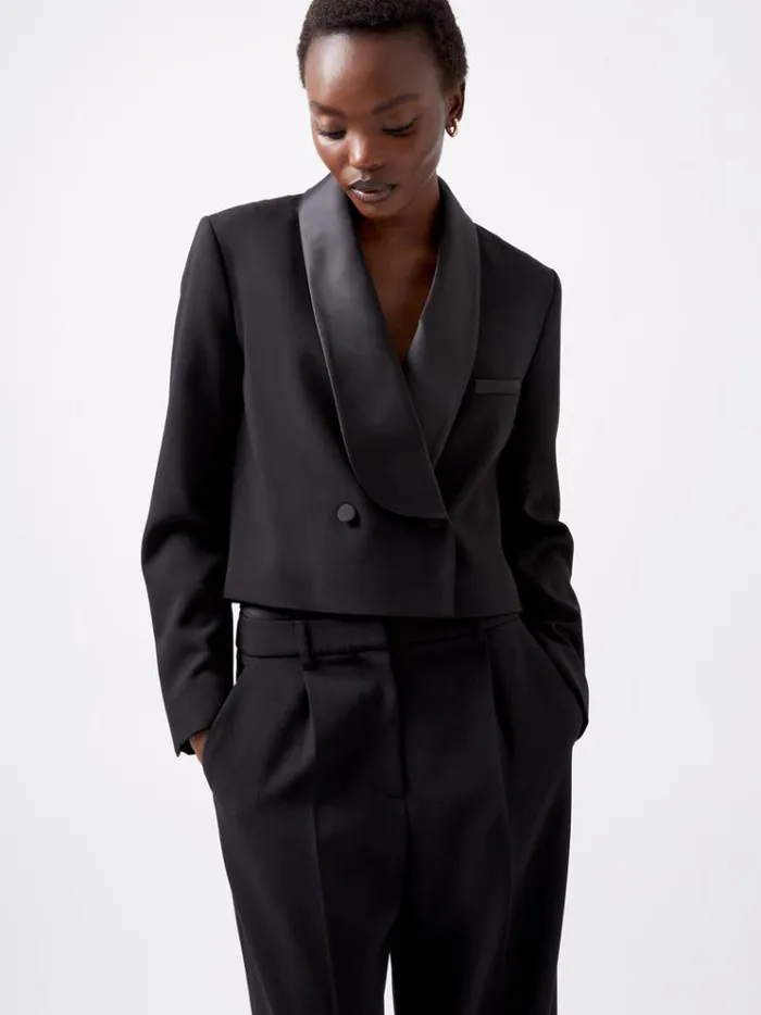 French Connection Coats and Jackets Gemma Carey Satin Tuxedo Cropped Blazer Blackout 8211 Woman