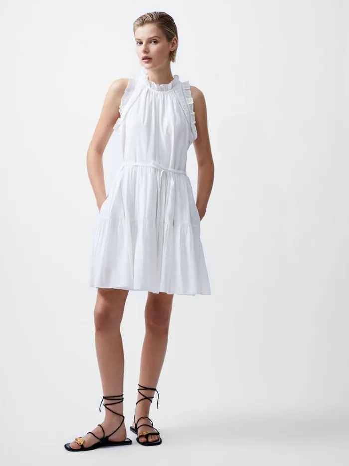French Connection Dresses Emily Tiered Flared Mini Dress Summer White 8211 Woman