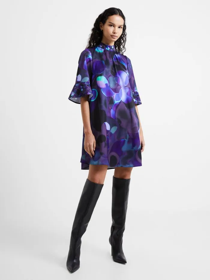 French Connection Dresses Eva Harlow Recycled Satin Fluted Sleeve Mini Dress Cobalt Violet Multi 8211 Woman