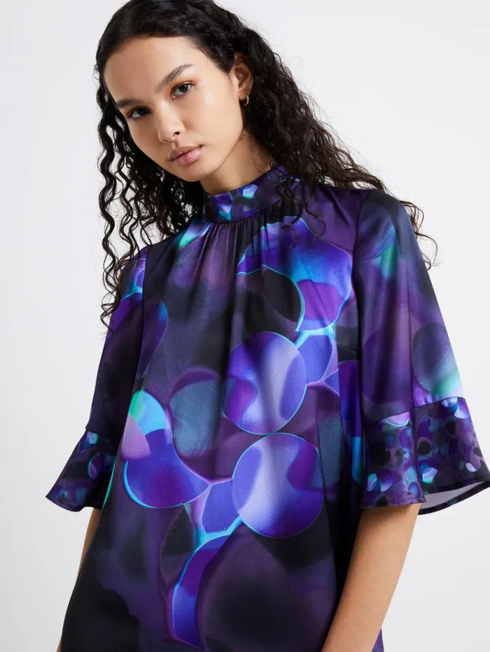 French Connection Dresses Eva Harlow Recycled Satin Fluted Sleeve Mini Dress Cobalt Violet Multi 8211 Woman