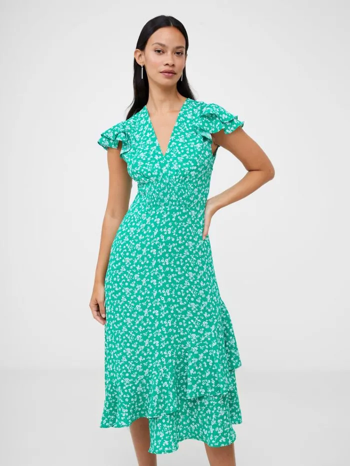 French Connection Dresses Frill Tea Dress Palm Green Multi 8211 Woman