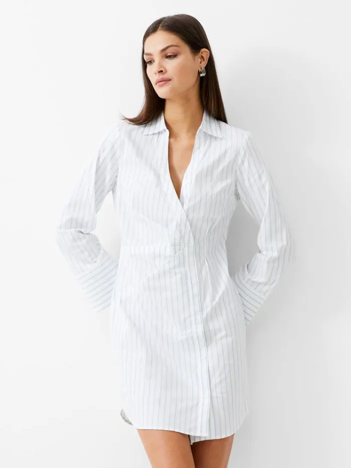 French Connection Dresses Isabelle Striped Poplin Shirt Dress Linen Whitecashmere 8211 Woman