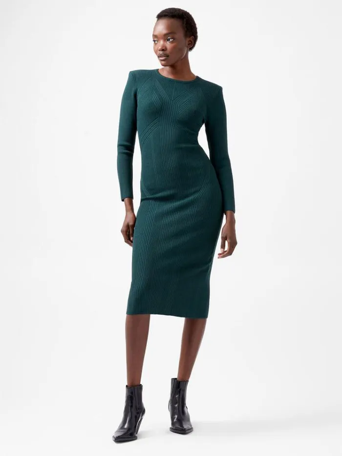 French Connection Dresses Kairi Rib Long Sleeve Midi Dress Forest 8211 Woman