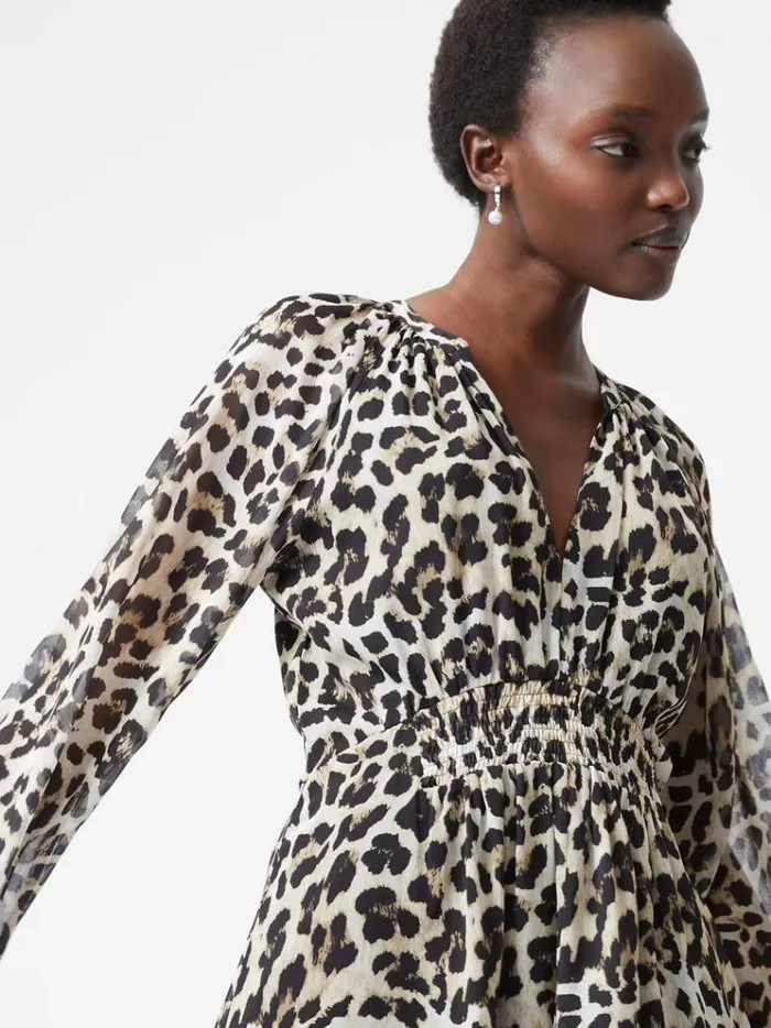 French Connection Dresses Leopard Print Georgette Long Sleeve Dress Leopard 8211 Woman