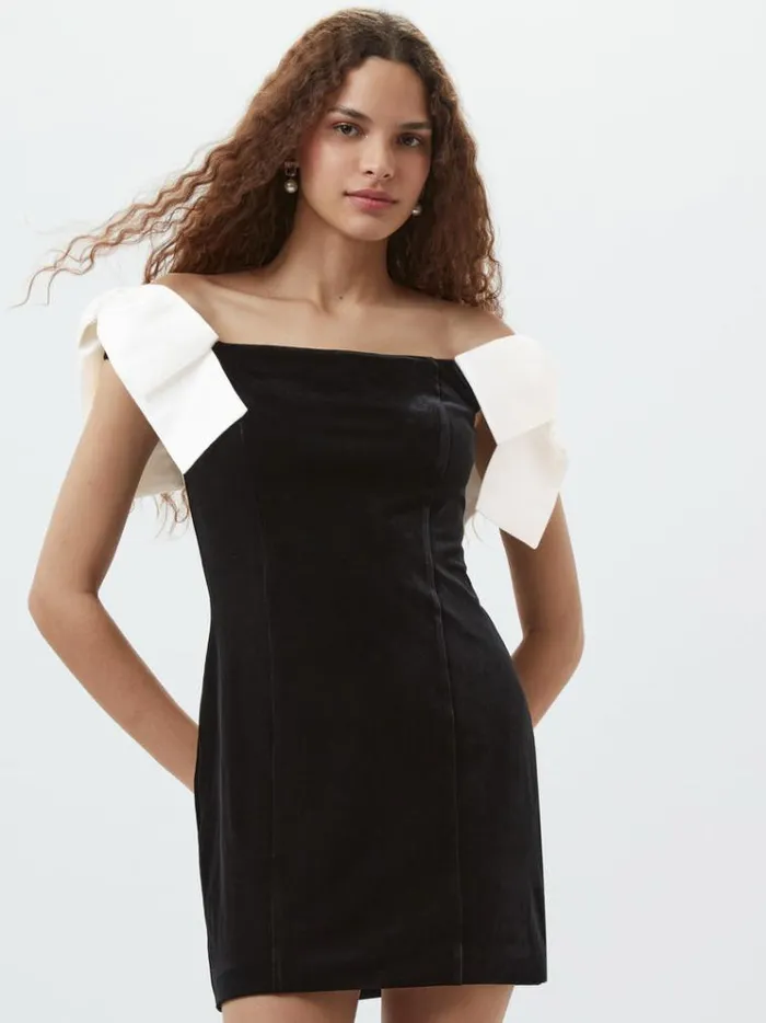 French Connection Dresses Velvet Carey Satin Bow Mini Dress Blackporcelain Crea 8211 Woman French Connection Dresses Velvet Carey Satin Bow Mini Dress Blackporcelain Crea 8211 Woman