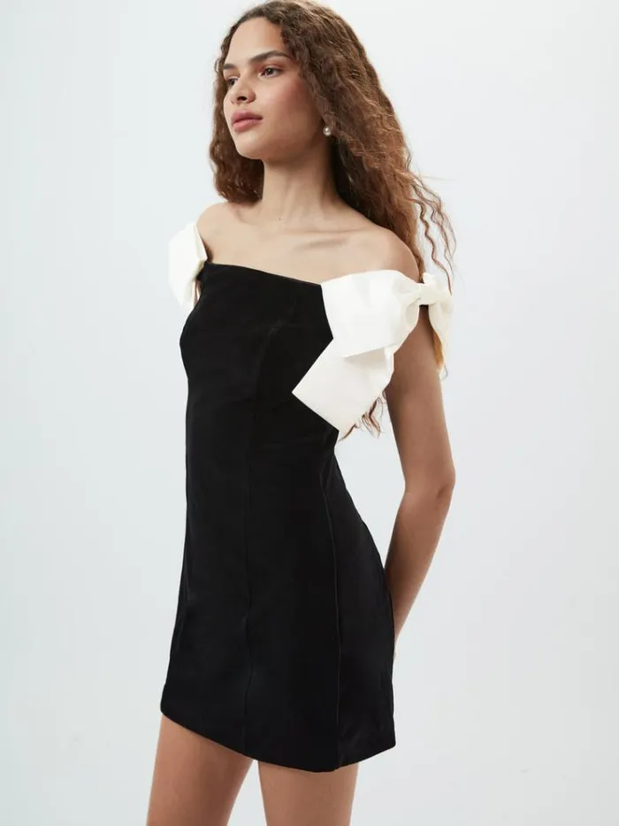 French Connection Dresses Velvet Carey Satin Bow Mini Dress Blackporcelain Crea 8211 Woman