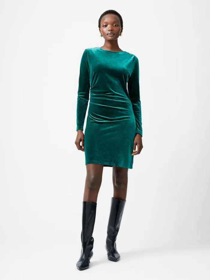 French Connection Dresses Viola Velvet Long Sleeve Bodycon Mini Dress Forest 8211 Woman