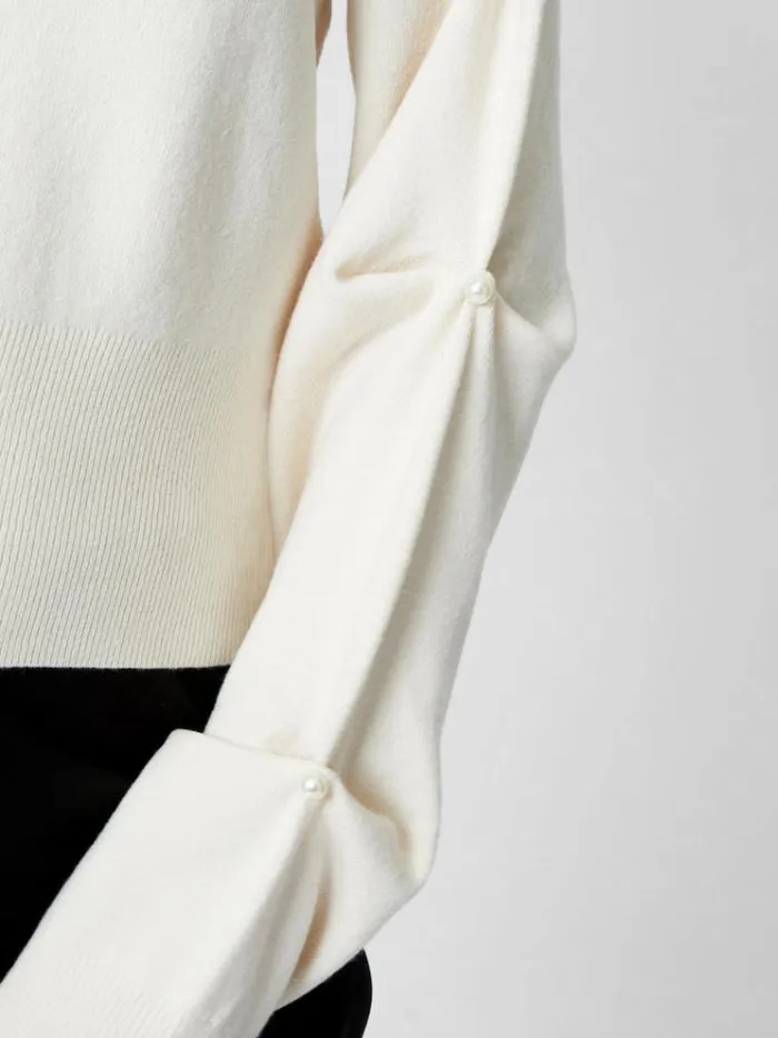 French Connection Jumpers and Cardigans Babysoft Faux Pearl Sleeve Crew Neck Jumper Classic Cream 8211 Woman