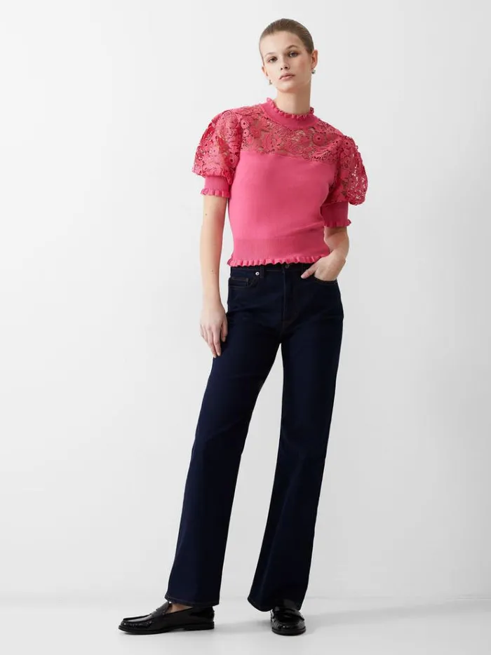 French Connection Jumpers and Cardigans Crochet Lace Mix Knit Top Camellia 8211 Woman